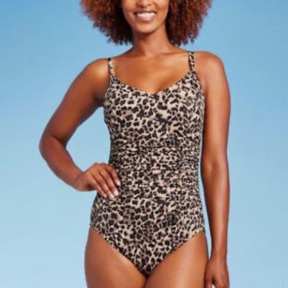 Aqua Green Animal Print Shirred One Piece Swimsuit Small NEW